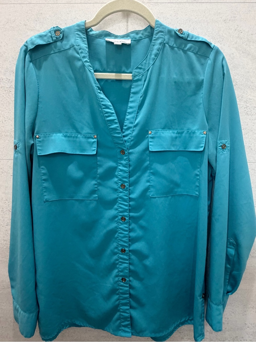Calvin Klein Turquoise Button-Front Utility Blouse